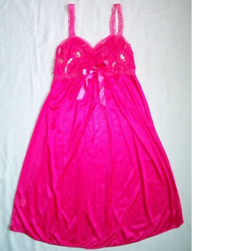 Decorative Sequin, Lace and Bow Chemise, Hot Pink
